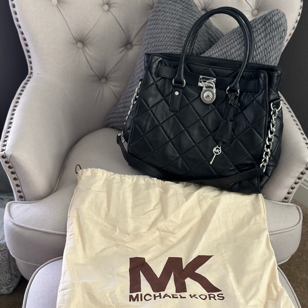 Michael Kors Large Hamilton Quilted Black Leather Lock and Key Purse Bag